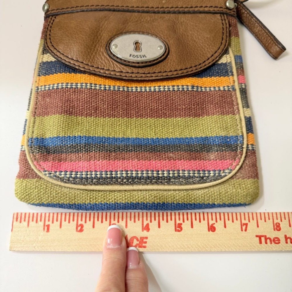 VTG Fossil Crossbody Bag Woven Striped Canvas Brown Leather Boho Key Small Purse - Picture 7 of 8